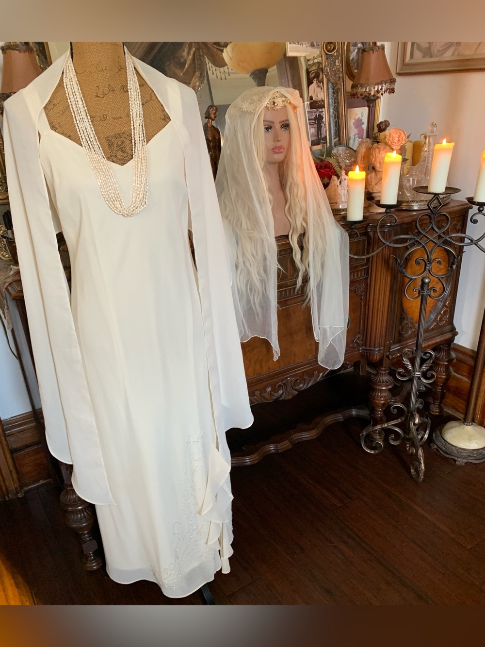 Vintage 20's-inspired Ren-inspo Bridal Wedding Gown/Shawl/Flower Tiara/Veil Set